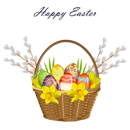 Happy Easter. Wicker basket with colorful decorated Easter eggs with different texture, pattern, pussy-willow and yellow daffodils. Spring holiday. Vector illustration isolated on white backgroundのイラスト素材