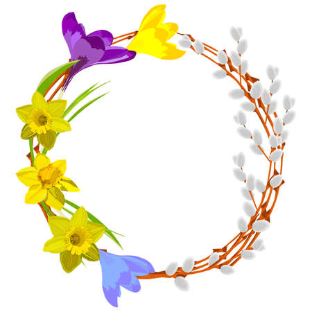 Happy Easter. Easter wreath of pussy-willow, daffodils, crocus. Vector illustration isolated on white background. Easter wreath for greeting cards, banners, flyersのイラスト素材
