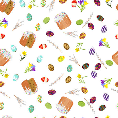 Happy Easter. Seamless background of Easter cake and colorful Easter eggs with pattern, pussy-willow and yellow daffodils and crocus. Spring holiday. Vector illustration isolated on white backgroundの写真素材