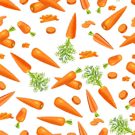 Seamless background of carrots. Whole, a half, slice, diced of carrot. Carrots, cut into strips. Fresh organic and healthy, vegetarian vegetables. Vector illustration isolated on white backgroundのイラスト素材