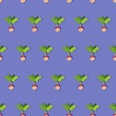 Seamless pattern of purple top white globe turnips. Flat style of turnip with tops. Fresh organic and healthy, diet and vegetarian vegetables. Vector illustration isolated on blue-violet background.のイラスト素材