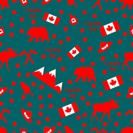 Canada day. Seamless pattern with maple, flag, moose and hat, beaver and bear, mountains, maple syrup. Vector illustration isolated on blue background. Seamless background.のイラスト素材