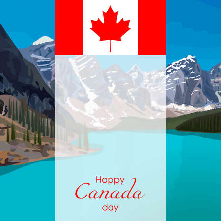 Canada day. Banner with Canada flag, Canada landscape with lake, mountains, pine and spruce forest. Moraine Lake. Square template. Happy Canada Day poster, card, flyer. Vector illustration.のイラスト素材
