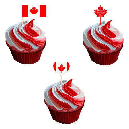 Happy Canada Day. Set cupcakes with red and white cream. Cupcake with Canada flag, maple leaf, decorative heart. Set for banner, card, flyer. Vector illustration isolated on white background.のイラスト素材