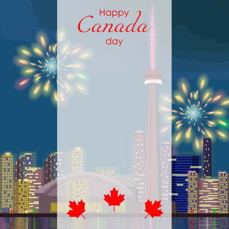 Canada day. Banner with maple leaf, Canada landscape with the night city and fireworks, salute. Toronto. Rectangle template. Happy Canada Day poster, card, flyer. Vector illustration.のイラスト素材