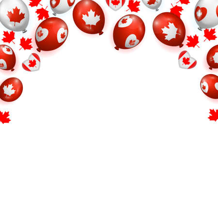 Happy Canada day. Banner   with maple leaf, decorative heart, red and white balloons. Template. Square frame with decor at the top. Post. Vector illustration isolated on white background.のイラスト素材