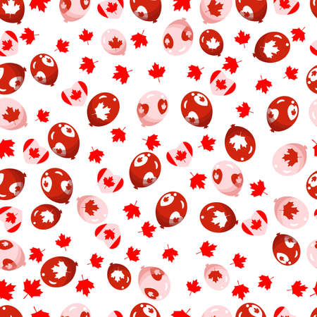 Happy Canada day. Seamless pattern with maple leaf, decorative heart, red and white balloons. Vector illustration isolated on white background. Seamless background.のイラスト素材