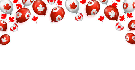 Happy Canada day. Banner   with maple leaf, decorative heart, red and white balloons. Template. Square frame with decor at the top. Post. Vector illustration isolated on white background.のイラスト素材
