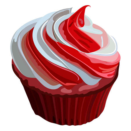 Cupcakes with red and white cream. Cupcake for banner, card, flyer. Sweet muffin. Tasty cream brownie. Delicious bakery. Vector illustration isolated on white background.のイラスト素材