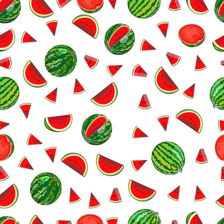 Seamless pattern with watermelons in cartoon style. Whole and sliced, half and quarter of a watermelon. Watermelon day. Summer. Vector illustration isolated on white background. Seamless background.のイラスト素材