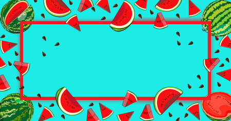 National watermelon day. Banner with whole and sliced, half and quarter of watermelons. Cartoon...