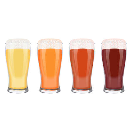 Set with craft beer in weizen glasses for banners, flyers, posters, cards. Light and dark beer, ale, and lager. International Beer Day. Beer day. Vector illustration isolated on white backgroundのイラスト素材