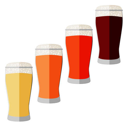 Set with craft beer in Weizen glass for banners, flyers, posters, cards. Light and dark beer, ale, and lager. International Beer Day. Flat style. Vector illustration isolated on white backgroundのイラスト素材