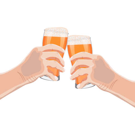 Two hands with weizen glasses of beer for banners, flyers, posters, cards. Light beer with foam. International Beer Day. Beer day. Alcoholic drinks. Vector illustration isolated on white background.のイラスト素材