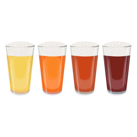 Set with craft beer in American pints for banners, flyers, posters, cards. Light and dark beer, ale, and lager. International Beer Day. October fest. Vector illustration isolated on white background.のイラスト素材