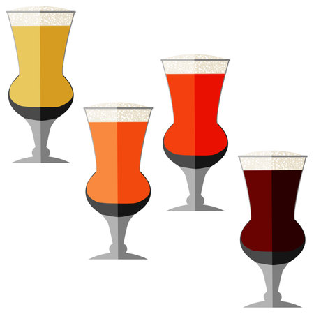 Set with craft beer in thistle glasses for banners, flyers, posters, cards. Light and dark beer, ale, and lager. Beer Day. October fest. Flat style. Vector illustration isolated on white backgroundのイラスト素材