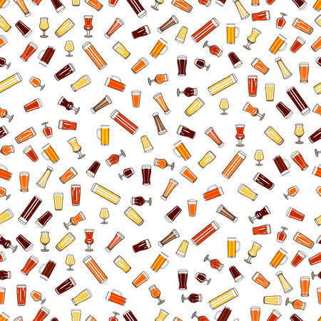 Seamless pattern, background. American pint. nonic pint. pint tulip. tulip. snifter. thistle. stnage.  Weizen. Willi Becher. beer mug. Light, dark beer, ale, lager. Vector illustrationのイラスト素材