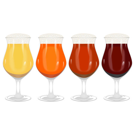 Set with craft beer. Tulip beer glass for banners, flyers, posters, cards. Light and dark beer, ale, and lager. Beer Day. October fest. Vector illustration isolated on white backgroundのイラスト素材