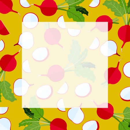 Banner with whole and sliced, half and quarter of radish. Flat style radish. Square template. Vector illustration isolated on yellow backgroundのイラスト素材
