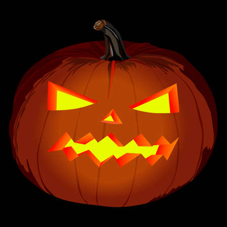 Glowing carved pumpkins for Halloween. Orange pumpkin for banners, flyers, posters, cards. Pumpkin lantern. Sugar pie pumpkin. October. Vector illustration isolated on dark backgroundのイラスト素材