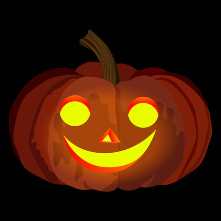 Glowing carved pumpkins for Halloween. Orange pumpkin for banners, flyers, posters, cards. Lantern pumpkin. Jack Be Little pumpkin. October. Vector illustration isolated on dark backgroundのイラスト素材