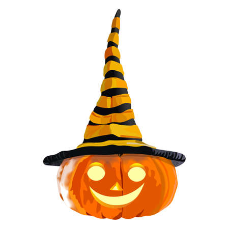 Glowing carved pumpkins for Halloween. Orange pumpkin with yellow-black hat for banners, flyers, posters, cards. Jack Be Little pumpkin. October. Vector illustration isolated on white backgroundのイラスト素材