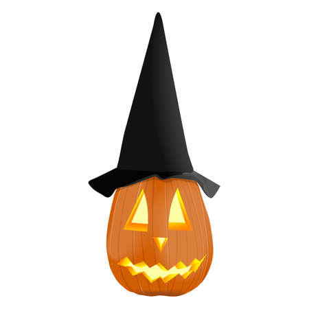 Glowing carved pumpkins for Halloween. Orange pumpkin with black hat for banners, flyers, posters, cards. Jack o lantern pumpkin. October. Vector illustration isolated on white backgroundのイラスト素材