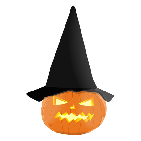 Glowing carved pumpkins for Halloween. Orange pumpkin with black hat for banners, flyers, posters, cards. Sugar pie pumpkin. October. Vector illustration isolated on white backgroundのイラスト素材