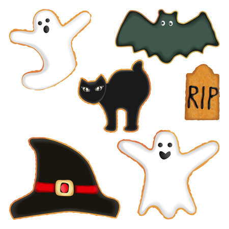 Biscuits in the form of bat, gravestone, witch hats, cat. Set for banner, card, flyer. Halloween. October. Vector illustration on white backgroundのイラスト素材