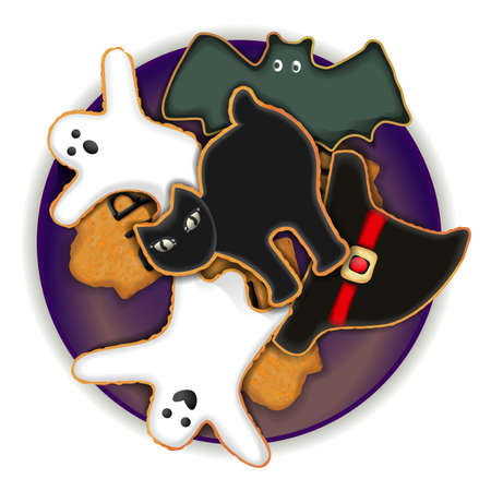 Biscuits in the form of bat, gravestone, witch hats, cat. Biscuits on plate for banner, card, flyer. Halloween. October. Vector illustration on white backgroundのイラスト素材