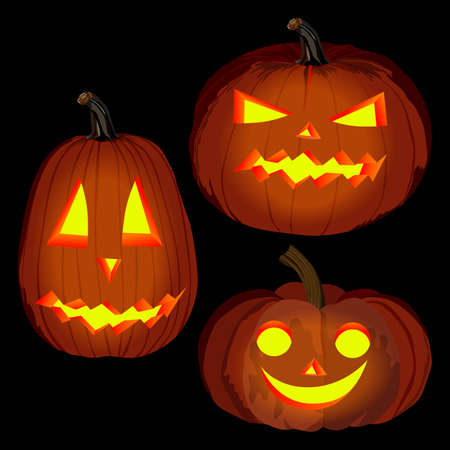 Glowing carved pumpkins for Halloween. Orange pumpkin for banners, flyers, posters, cards. Lantern pumpkin. October. Vector illustration isolated on dark backgroundのイラスト素材