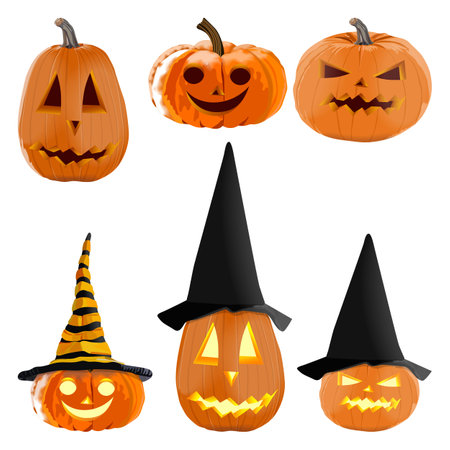 Glowing carved pumpkins for Halloween. Orange pumpkin with black and yellow-black hat for banners, flyers, posters, cards. Lantern pumpkin. October. Vector illustration isolated on white backgroundのイラスト素材