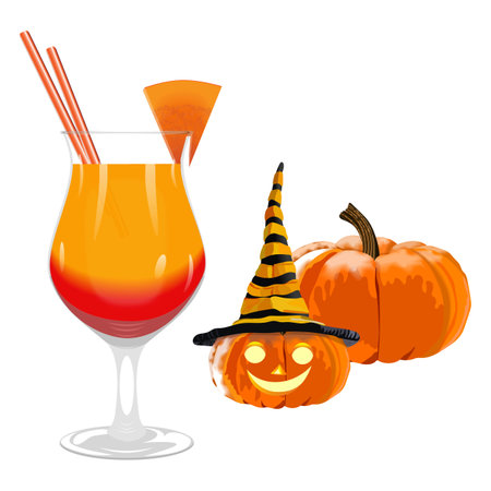 Glowing carved pumpkin with yellow-black hat. Pumpkin drink with pumpkin slice. Set for banners, flyers, posters, cards. Halloween. October. Vector illustration isolated on white background.のイラスト素材
