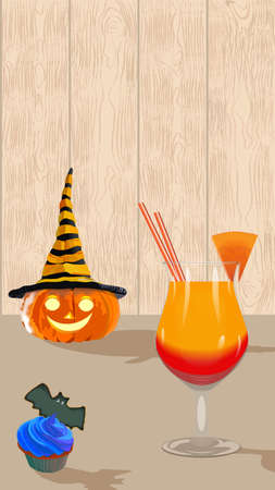Rectangular banner for stories with carved glowing pumpkin with hat, pumpkin juice, blue cupcake with bat on light wooden background. Template. Poster. Halloween. October. Autumn. Vector illustration.のイラスト素材