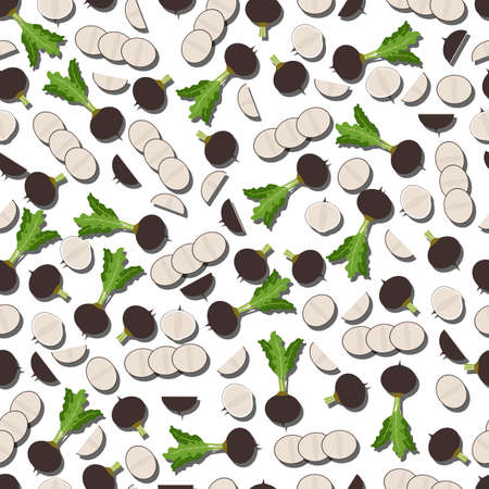 Seamless background of black radishes. Whole, half, and sliced black radish. Black radish with tops. Organic vegetables. Flat style. Pattern. Vector illustration isolated on white backgroundのイラスト素材