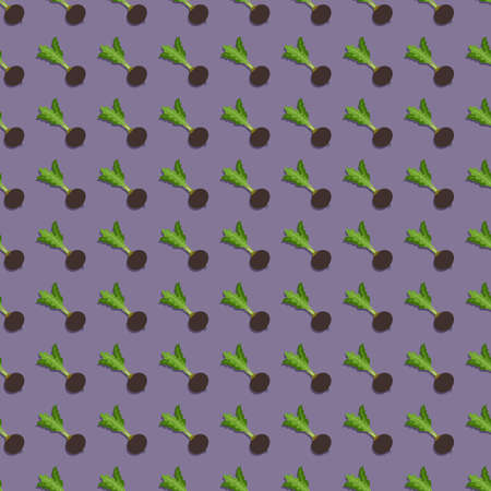 Seamless pattern of black radishes. Radish flat style. Black radish with tops. Fresh organic and...