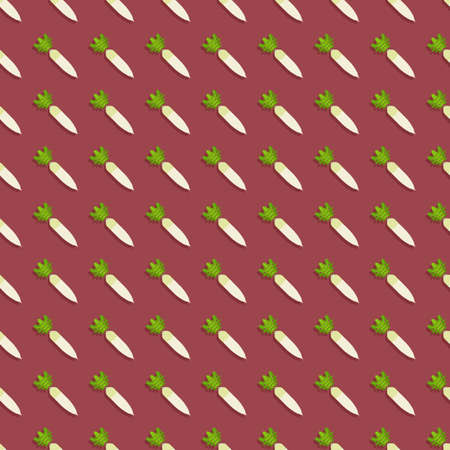 Seamless pattern of daikon radishes. Root vegetables. Japanese Radon, White Chinese Radish, mooli, White Radish. Flat style. Vector illustration isolated. Seamless backgroundのイラスト素材