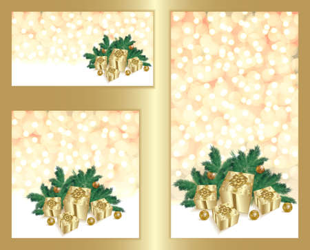 Christmas New Year template. Bokeh light background, golden gift boxes, brilliant golden balls, glitter, christmas tree branch. Social media, social network, copy space for text. Vector illustrationの写真素材