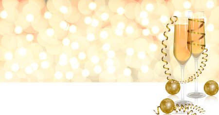 Christmas and New Year template. Bokeh light background, glasses with champagne, golden serpentine, brilliant golden balls, glitter. Social media, social network. Vector illustrationのイラスト素材