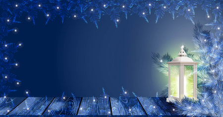 Christmas and new years template. Decorative white vintage lantern with light, snowflakes, snow-covered spruce branches on dark blue background. Social media, social network. Vector illustrationの写真素材