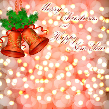 Merry Christmas and New Year. Square template with bokeh, red Christmas bells with bows, ribbons. Christmas tree branches with cones. Social media, social network. Vector illustration. Red backgroundの写真素材