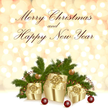 Merry Christmas and New Year. Square template with bokeh, golden gift boxes, golden balls, glitter, Christmas tree branch. Social media, social network. Vector illustration on light backgroundの写真素材