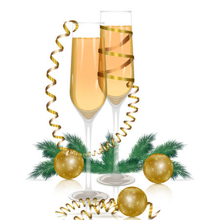 Merry Christmas and New Year. Glasses with champagne, gold serpentine, brilliant golden balls with ornament, pine branches. Christmas tree. Vector illustration for banners, posters, flyersのイラスト素材