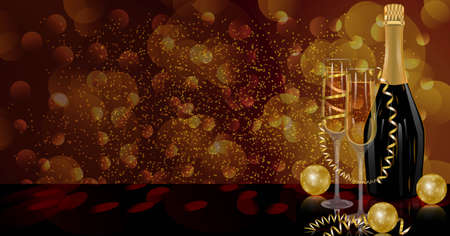 Christmas and New Year template with glasses with champagne, bottle of champagne, gold serpentine, brilliant golden balls, bokeh. Social media, social network. Vector illustration. Dark backgroundのイラスト素材