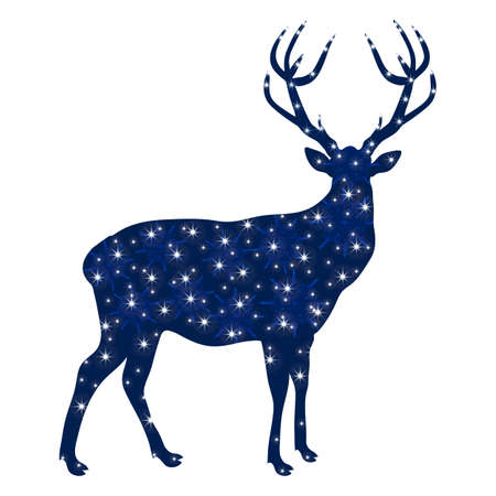 Merry Christmas, New Year. Dark blue silhouette of Christmas deer with snowflakes, bright shiny glare. Reindeer for banners, flyers, posters, cards. Vector illustration isolated on white background.のイラスト素材