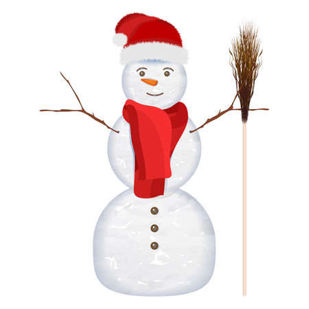 Snowman with Santa Claus hat, red scarf and broom for banners, posters, greeting cards, social media. Christmas, New Year, winter. Vector illustration isolated on white background.のイラスト素材