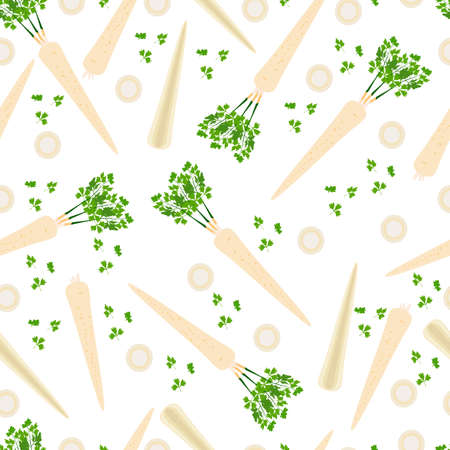 Seamless background of root parsley. Whole, half, and sliced parsley. Parsley with leaves. Organic...