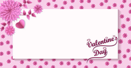 Valentines Day. Horizontal template design with pink abstract paper flowers for banners, flyers, greeting cards, social media. Vector illustration isolated on white backgroundのイラスト素材