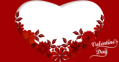 Valentines Day. Frame with decorative heart and paper flowers. Horizontal template design for banners, posters, flyers, greeting cards, social media. Vector illustration isolated on white backgroundのイラスト素材