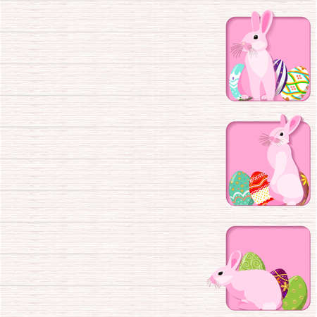 Square template design with pink Easter bunnies and colorful Easter eggs. Flat style. Frame for banners, greeting cards, social media. Vector illustration isolated on white backgroundのイラスト素材